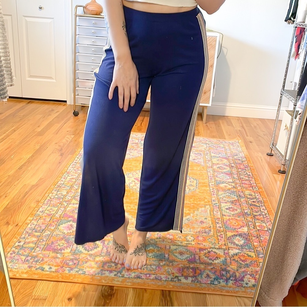 Retro Stripe Wide Leg Pants Blue Side Slit Lounge Pants S - Picture 4 of 8